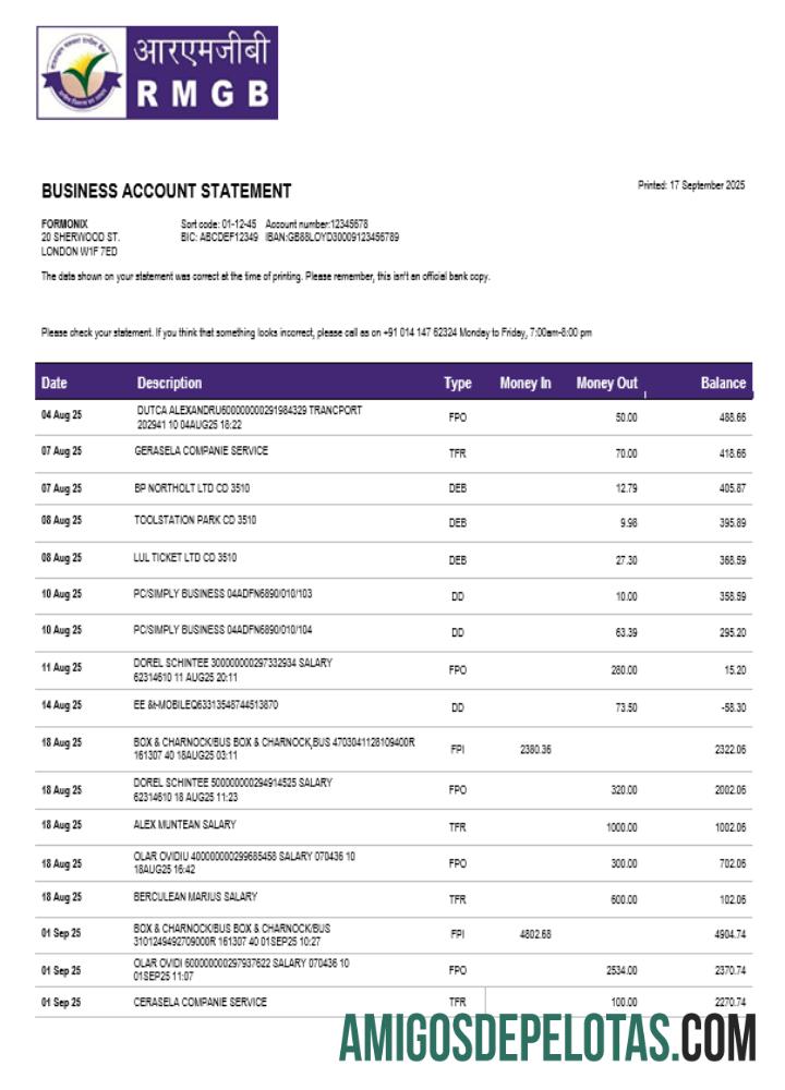 Extrato de conta da empresa RMGB em formato Word e PDF exemplo real